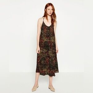 Zara Batik Leaf Print Halter Midi Dress Black XS Open Back Flowy Tassels Summer